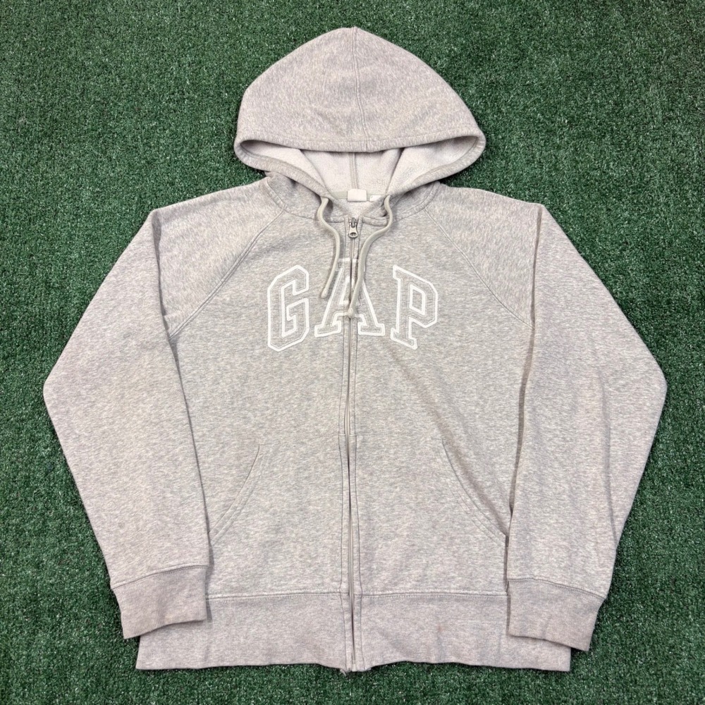 GAP Hoodie Full Zip Heather Grey Spellout Logo Sweatshirt XS